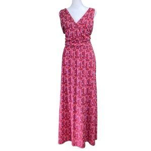 Garnet Hill Modern Geo Surplice Maxi Dress Pink Red Cotton Blend Wrap (Size 12)